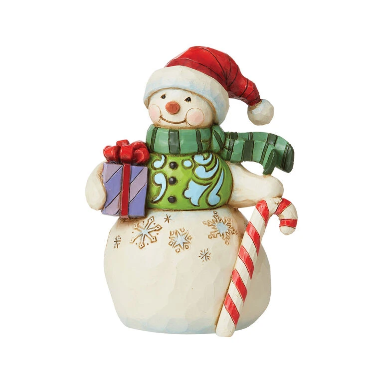 Enesco Jim Shore Snowman With Gift And Candy Cane Mini Figurine, 3.5" 3 Enesco Jim Shore Snowman With Gift And Candy Cane Mini Figurine, 3.5"