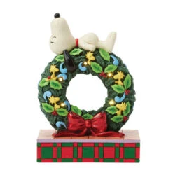 Enesco Jim Shore Peanuts Snoopy Sleeping On Light-Up Wreath Figurine, 7.13" -Enesco Store Snoopy Atop LightUp Wreath Figurine 6017242 02