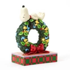 Enesco Jim Shore Peanuts Snoopy Sleeping On Light-Up Wreath Figurine, 7.13" -Enesco Store Snoopy Atop LightUp Wreath Figurine 6017242 04